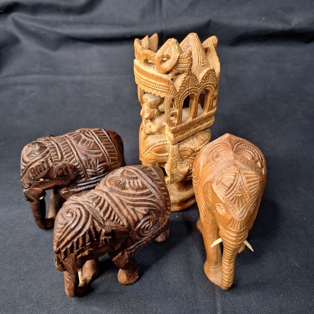 Vintage Hand Carved Wooden Elephant‎ Figurines Set of 4 Boho Decor Sculptures